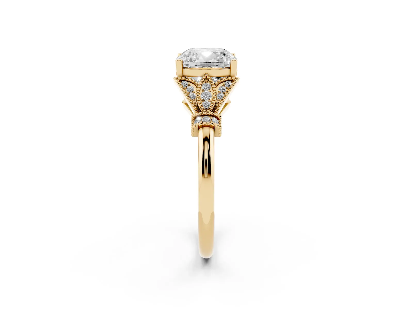 Cushion Cut Diamond Solitaire Ring with Floral Filigree and Pave Accents Yellow gold