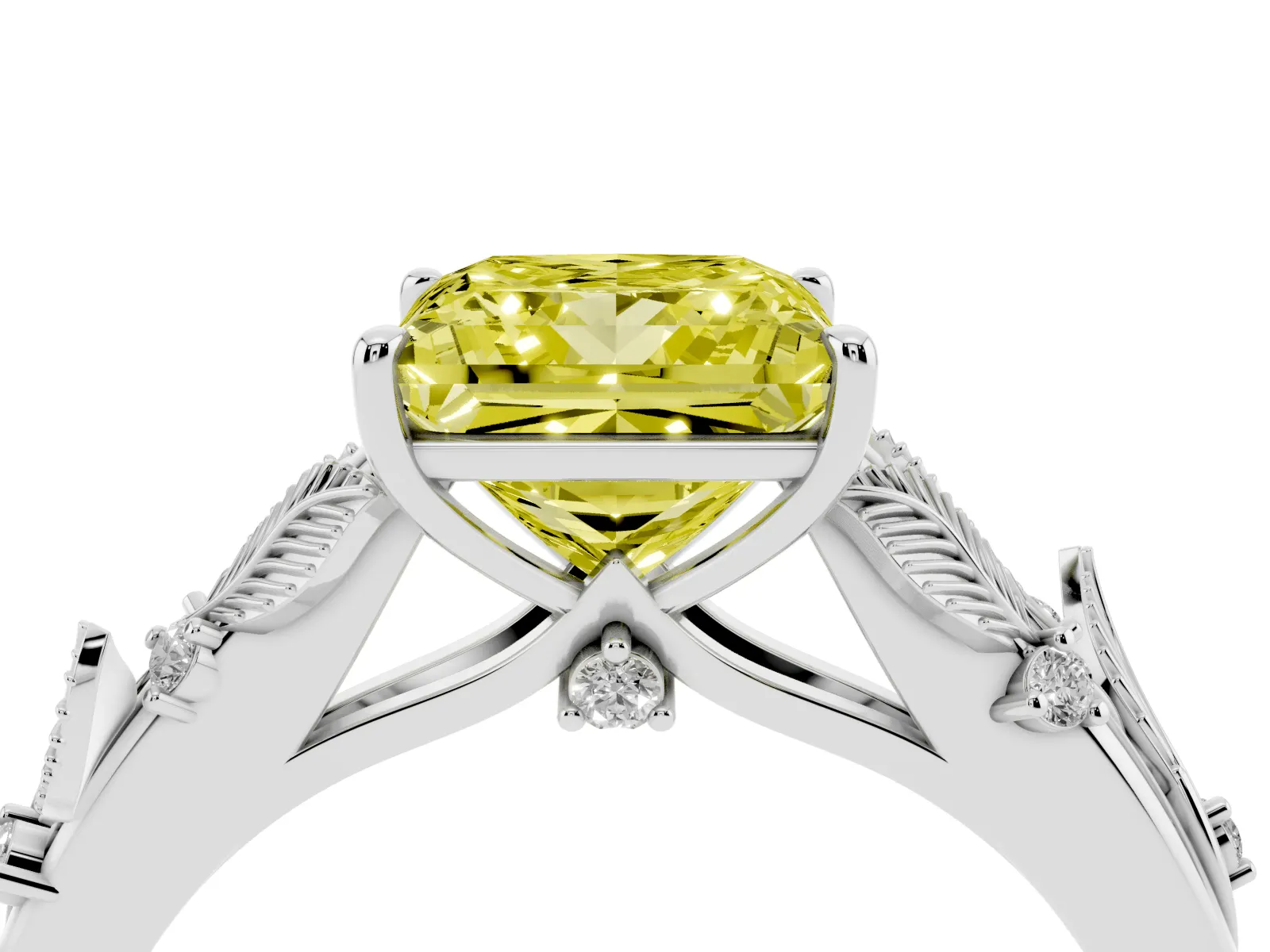 Fancy Yellow Princess Cut Diamond Solitaire Ring with Leaf Motif Band and Four-Prong Setting Platinum