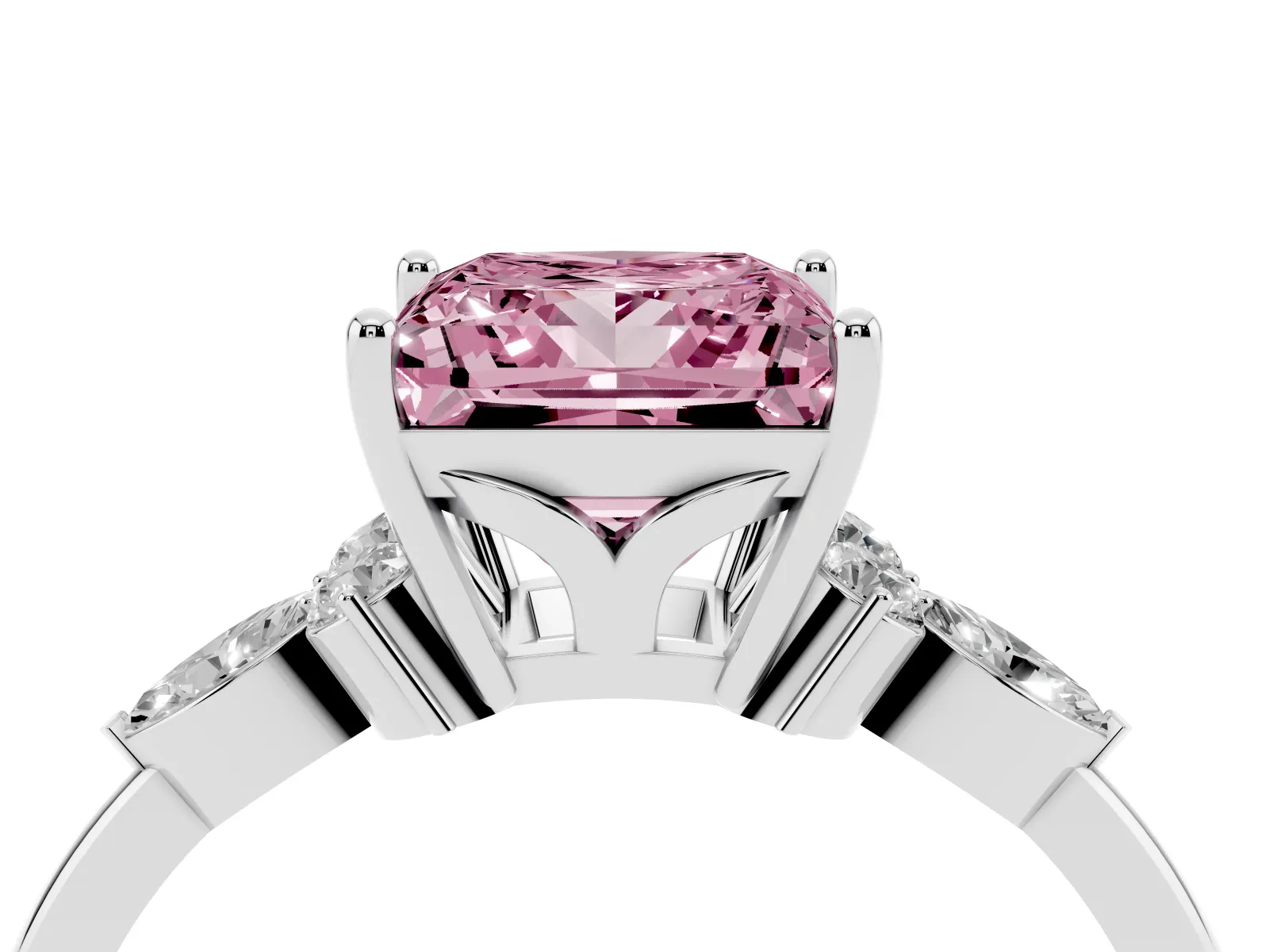Fancy Pink Princess Cut Brilliant Diamond Solitaire Ring with Pear Side Stones and Four-Prong Setting Platinum
