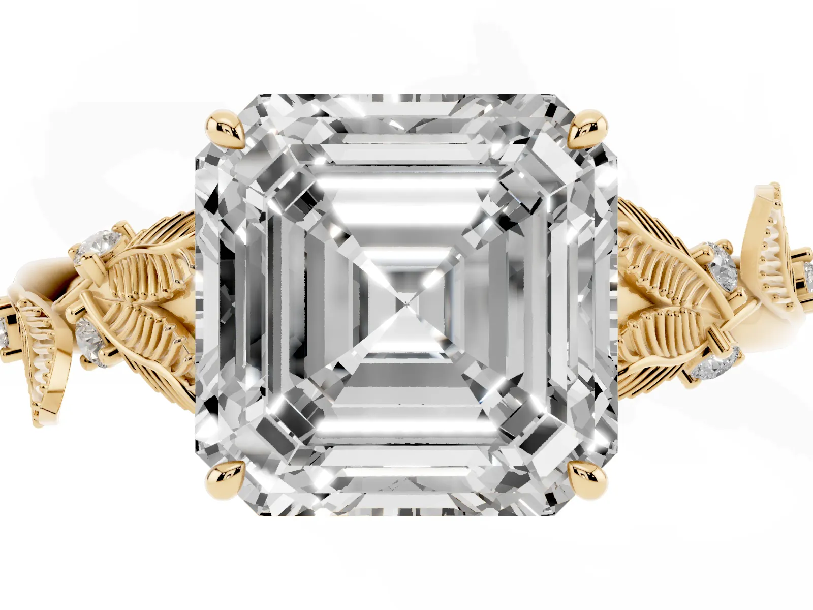 Asscher Cut Diamond Solitaire Ring with Leaf Motif Band and Four-Prong Setting Yellow gold