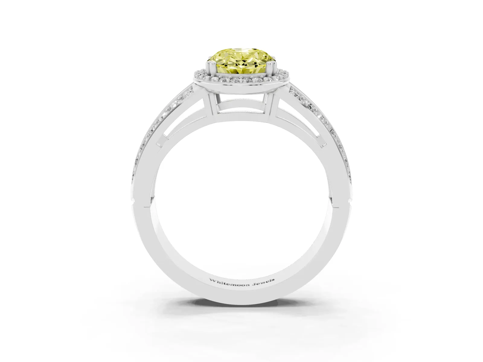 Fancy Yellow Oval Cut Diamond Halo Ring with Split Shank Pavé Band and Four-Prong Setting White gold