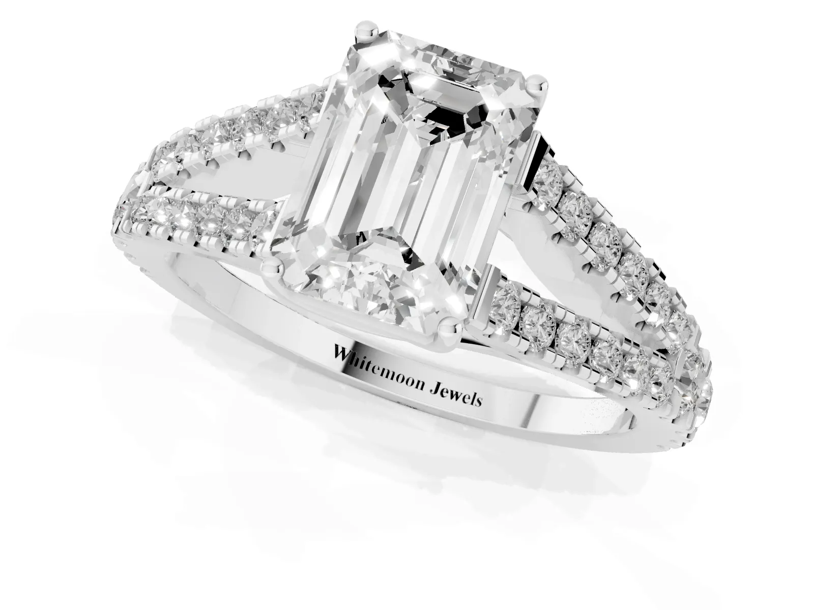 Emerald Cut Diamond Split Shank Engagement Ring with Round Pavé and Prong Setting White gold