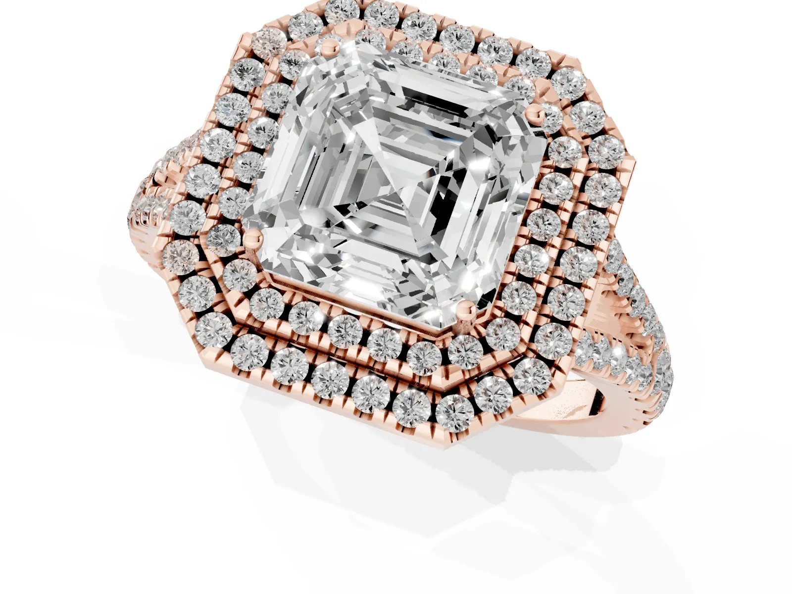 Asscher Cut Diamond Double Halo Ring with Pavé Band and Prong Setting Rose gold