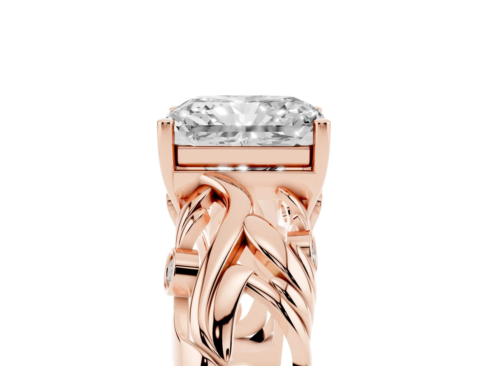 Radiant Cut Solitaire Diamond Leaf-Inspired Vine Band Ring with Prong Setting Rose gold
