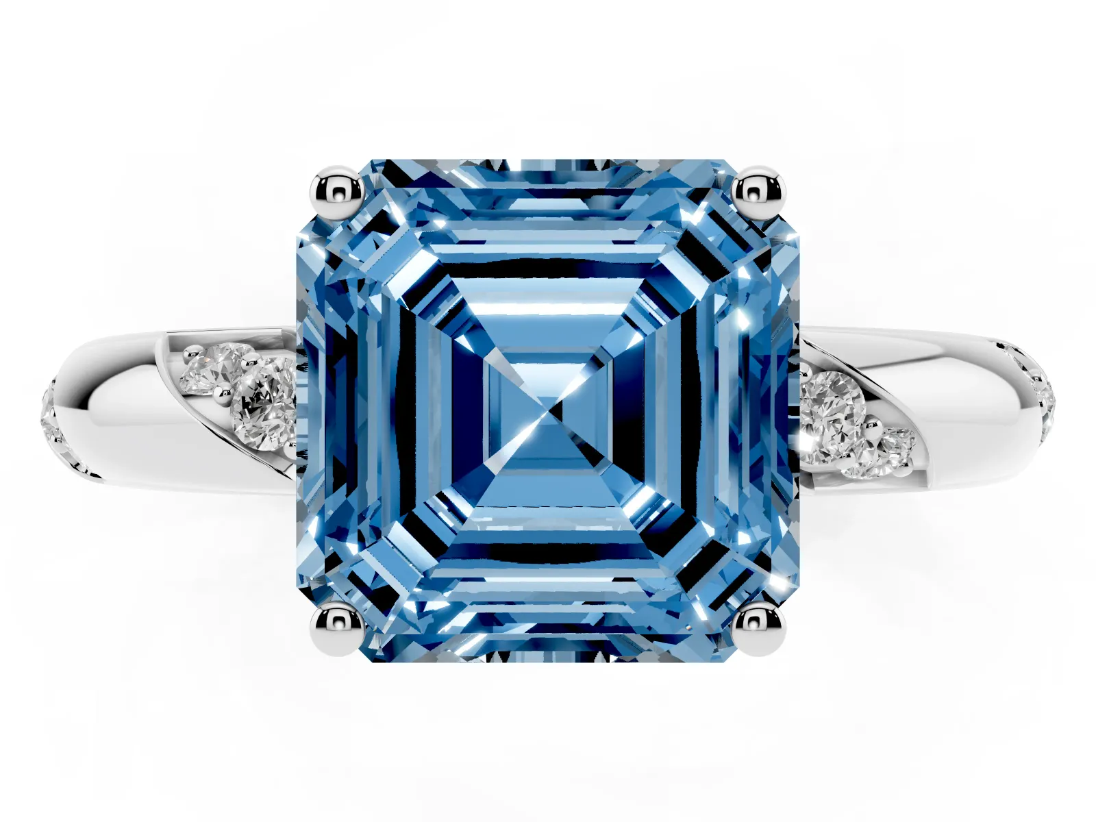 Fancy Blue Asscher Cut Diamond Solitaire Engagement Ring with Twisted Round Accent Band and Prong Setting Platinum