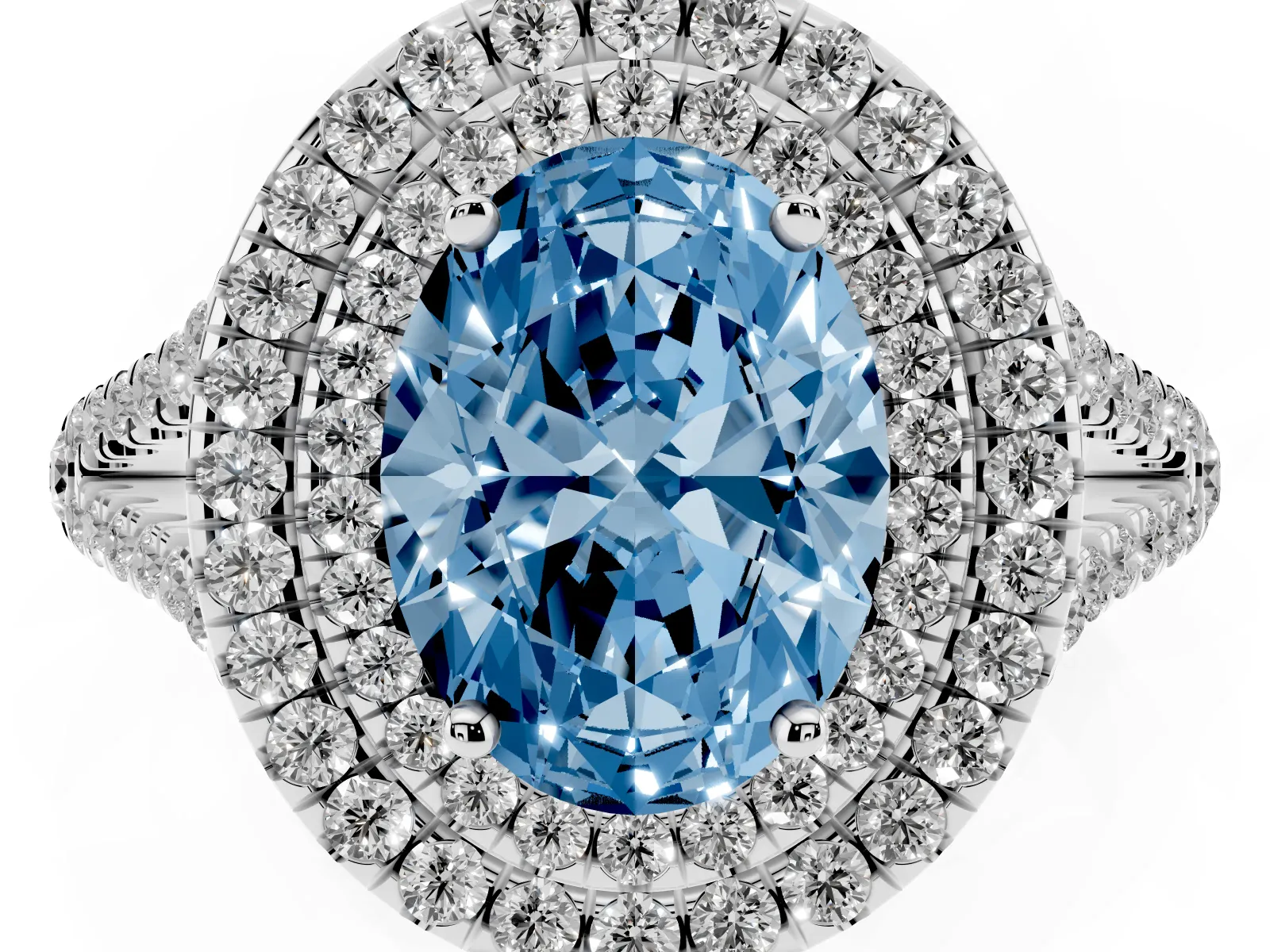 Fancy Blue Oval Cut Diamond Double Halo Ring with Pavé Band and Prong Setting Platinum