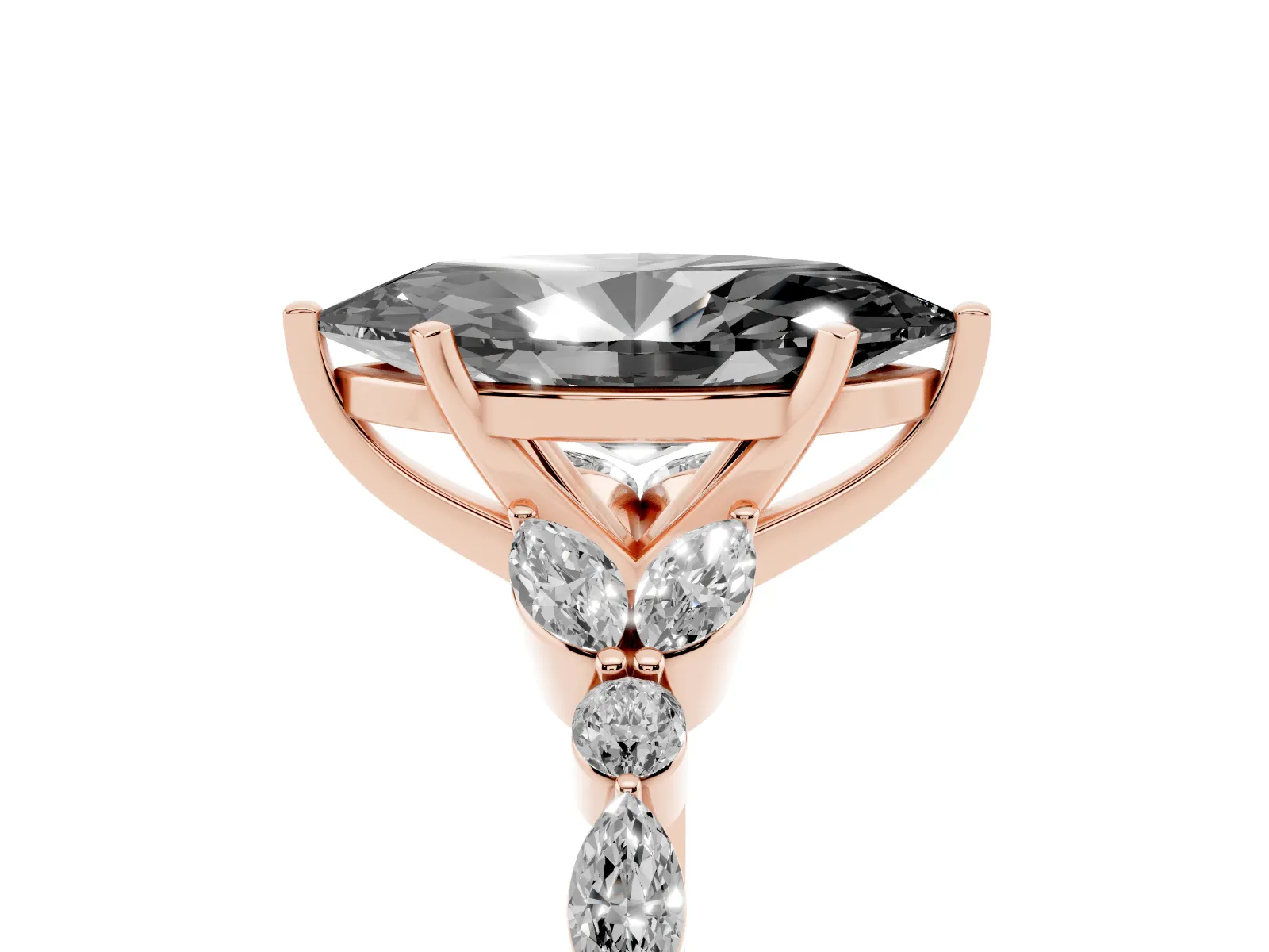 Fancy Black Marquise Cut Diamond Solitaire Ring with Side Stones and Four-Prong Setting Rose gold