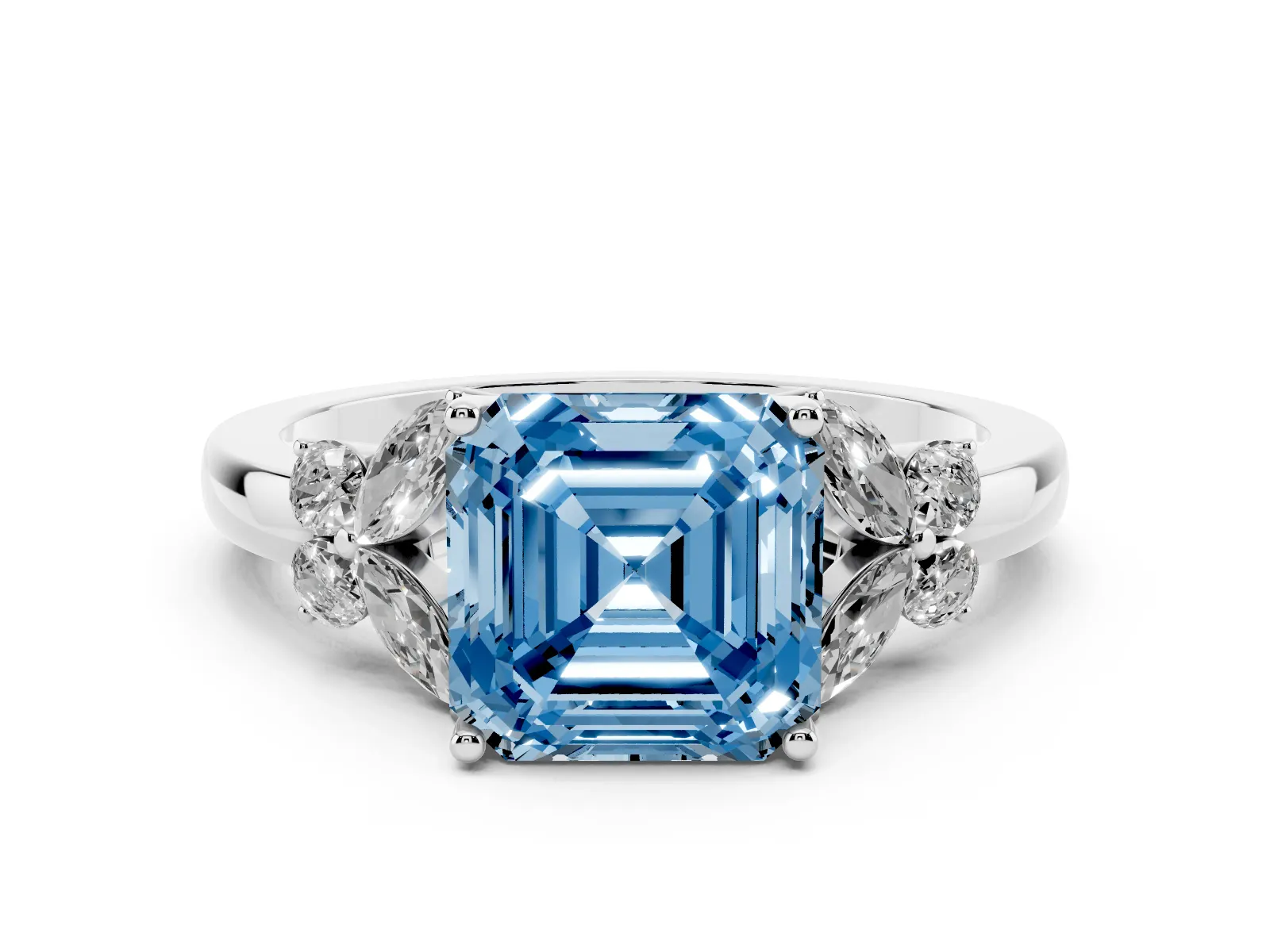 Fancy Blue Asscher Cut Cut Solitaire Floral Diamond Ring with Four-Prong Setting Platinum