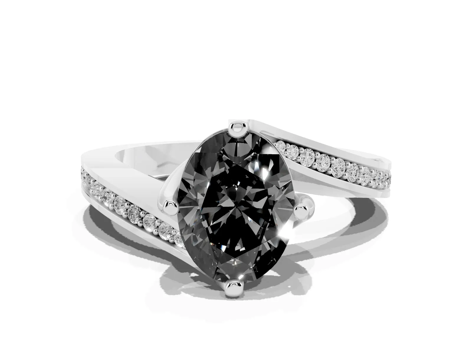 Fancy Black Oval Cut Solitaire Diamond Twist Band with Pavé Setting and Four-Prong Setting Platinum