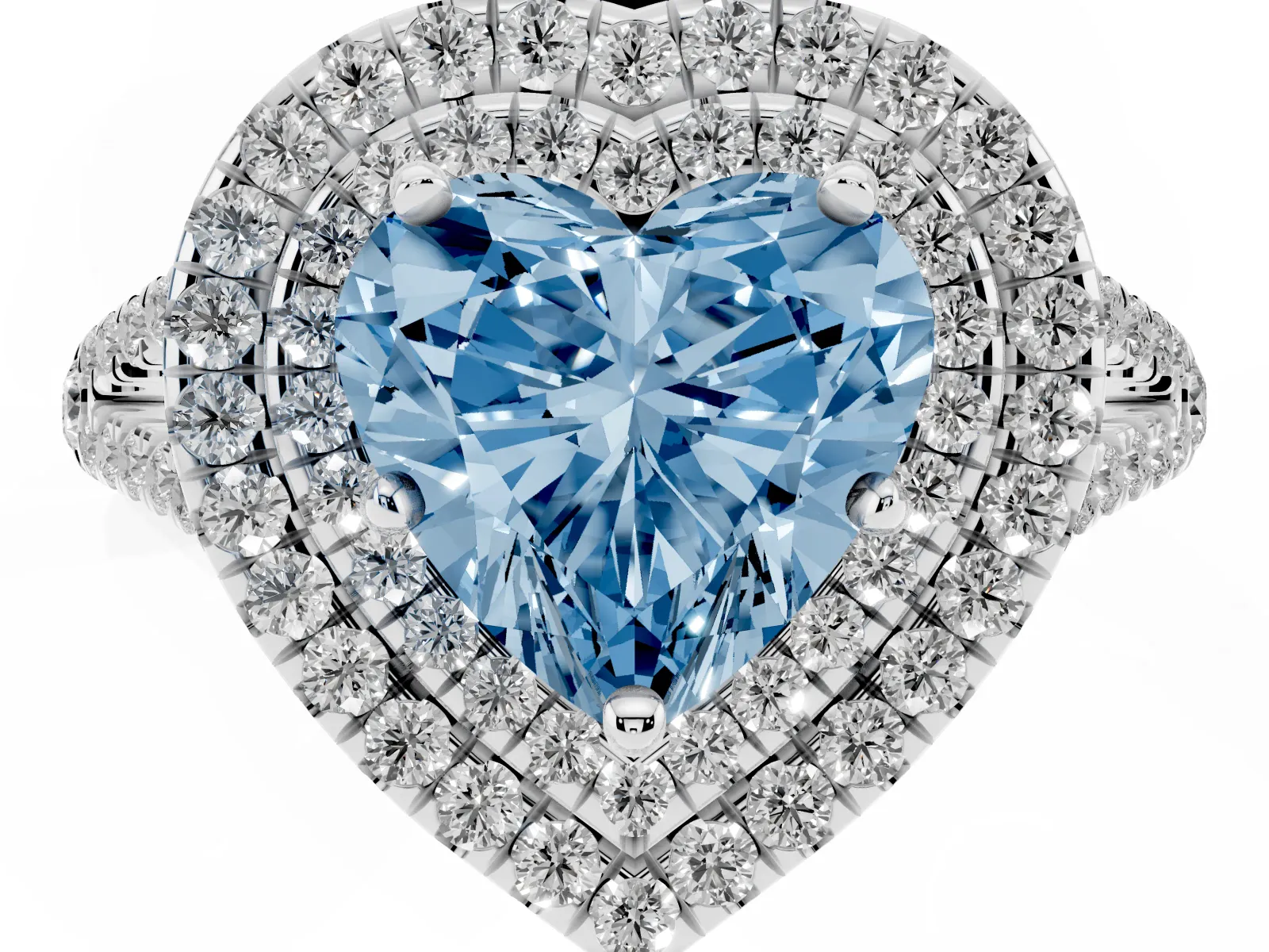 Fancy Blue Heart Cut Diamond Double Halo Ring with Pavé Band and Prong Setting Platinum