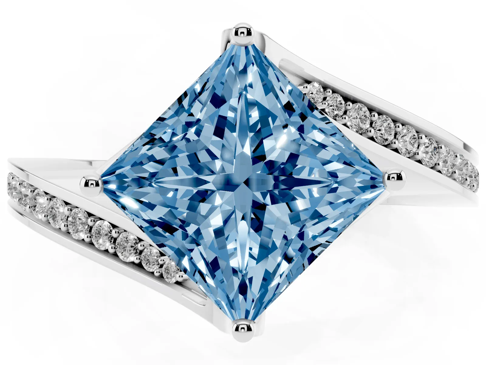 Fancy Blue Princess Cut Solitaire Diamond Twist Band with Pavé Setting and Four-Prong Setting Platinum