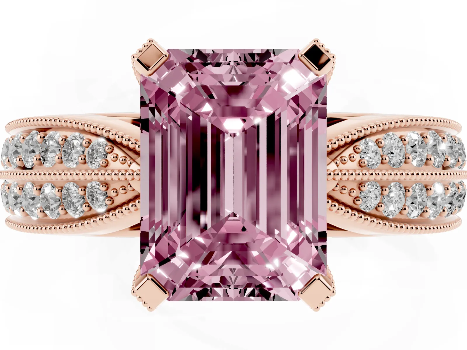 Fancy Pink Emerald Cut Diamond Solitaire Ring with Milgrain Round Pavé Band and Prong Setting Rose gold