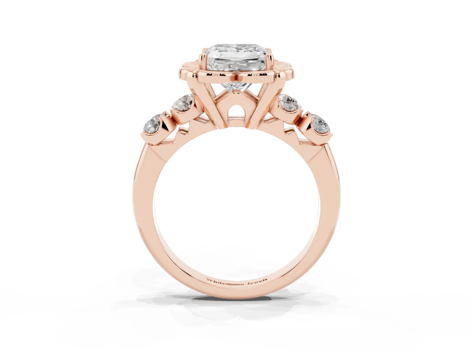 Princess Cut Cut Diamond Floral Halo Engagement Ring with Shared Prong Setting Rose gold