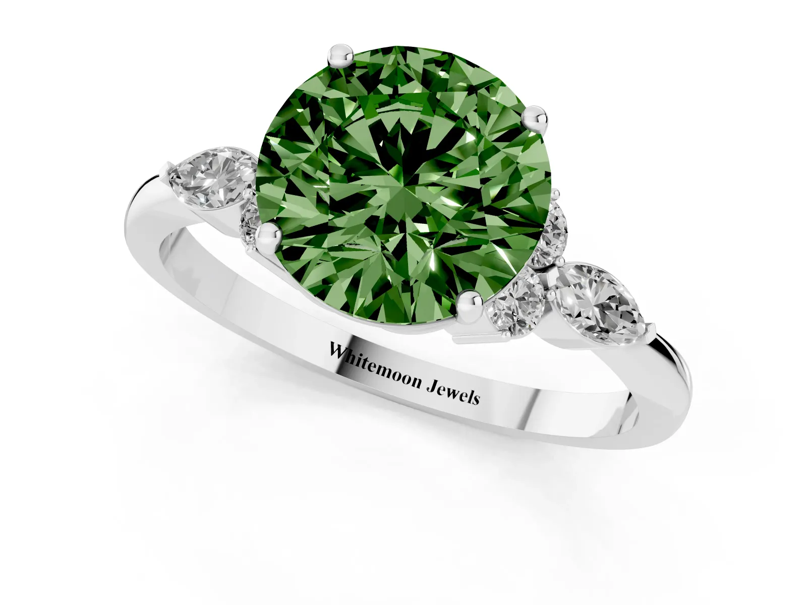 Fancy Green Round Cut Brilliant Diamond Solitaire Ring with Pear Side Stones and Four-Prong Setting Platinum