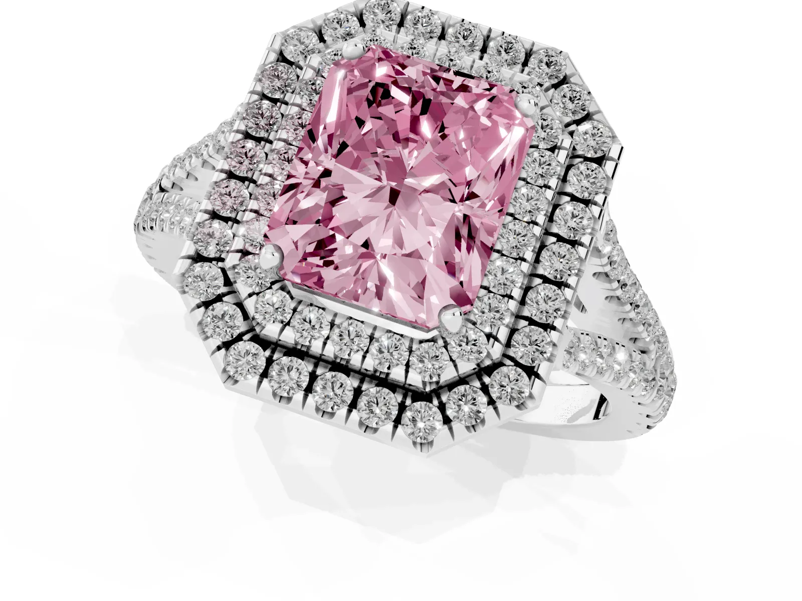 Fancy Pink Radiant Cut Diamond Double Halo Ring with Pavé Band and Prong Setting Platinum