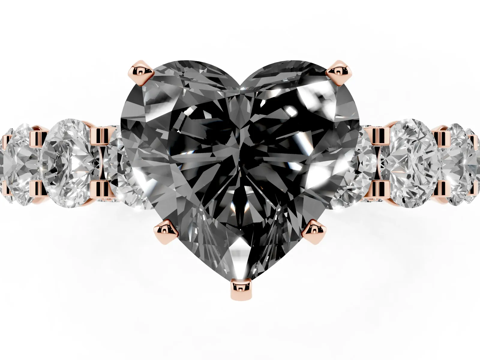 Fancy Black Heart Cut Diamond Side Stone Engagement Ring with Four-Prong Setting Rose gold