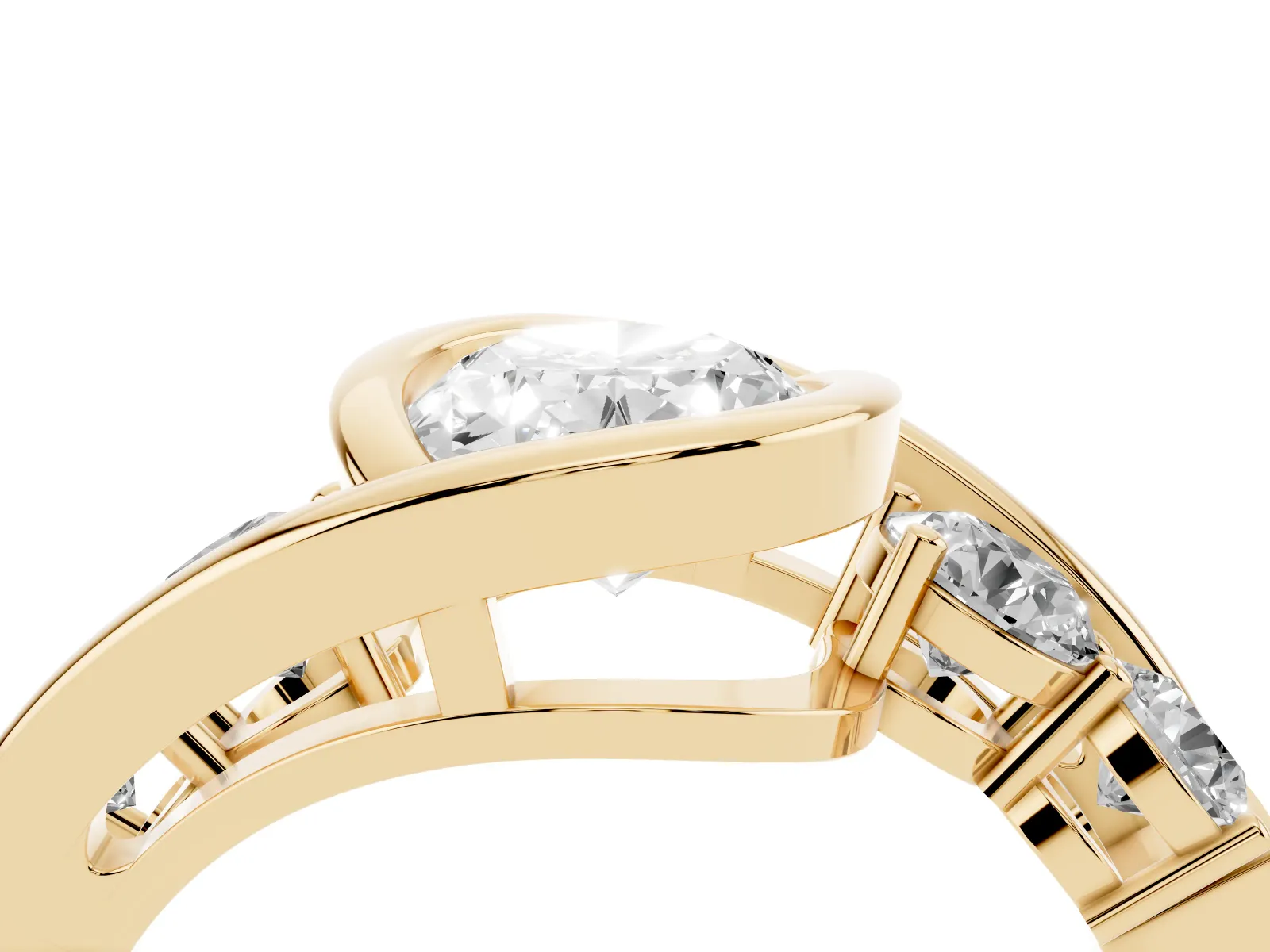 Bezel Set Oval Cut Diamond Bypass Ring with Round Accents Yellow gold