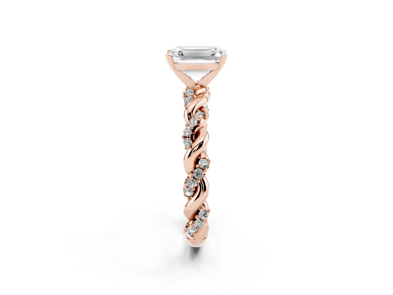 Emerald Cut Diamond Solitaire Ring with Twisted Band and Pavé Accents Rose gold