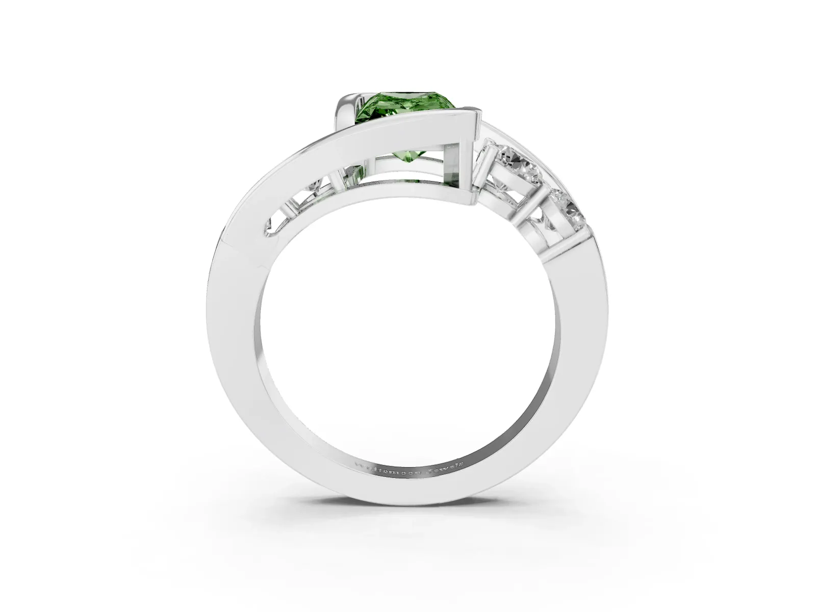 Fancy Green Bezel Set Radiant Cut Diamond Bypass Ring with Round Accents White gold