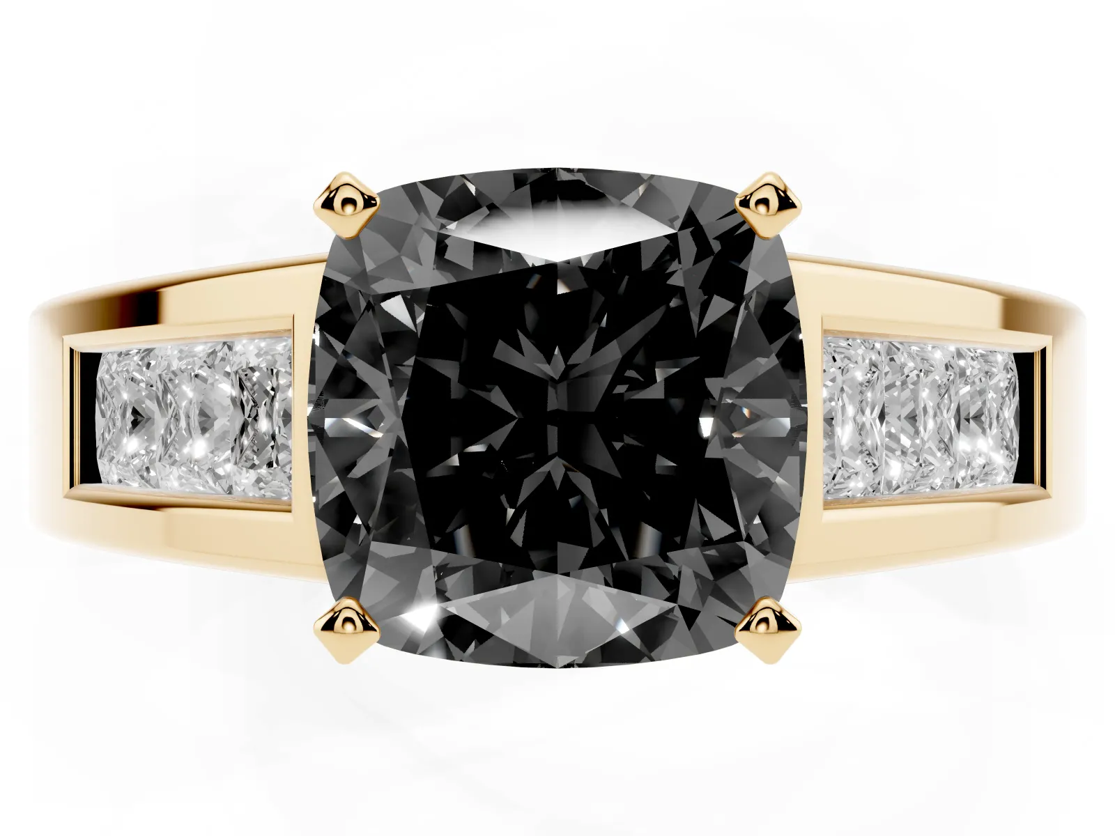 Fancy Black Cushion Cut Cut Channel Set Solitaire Ring with Four-Prong Setting Yellow gold