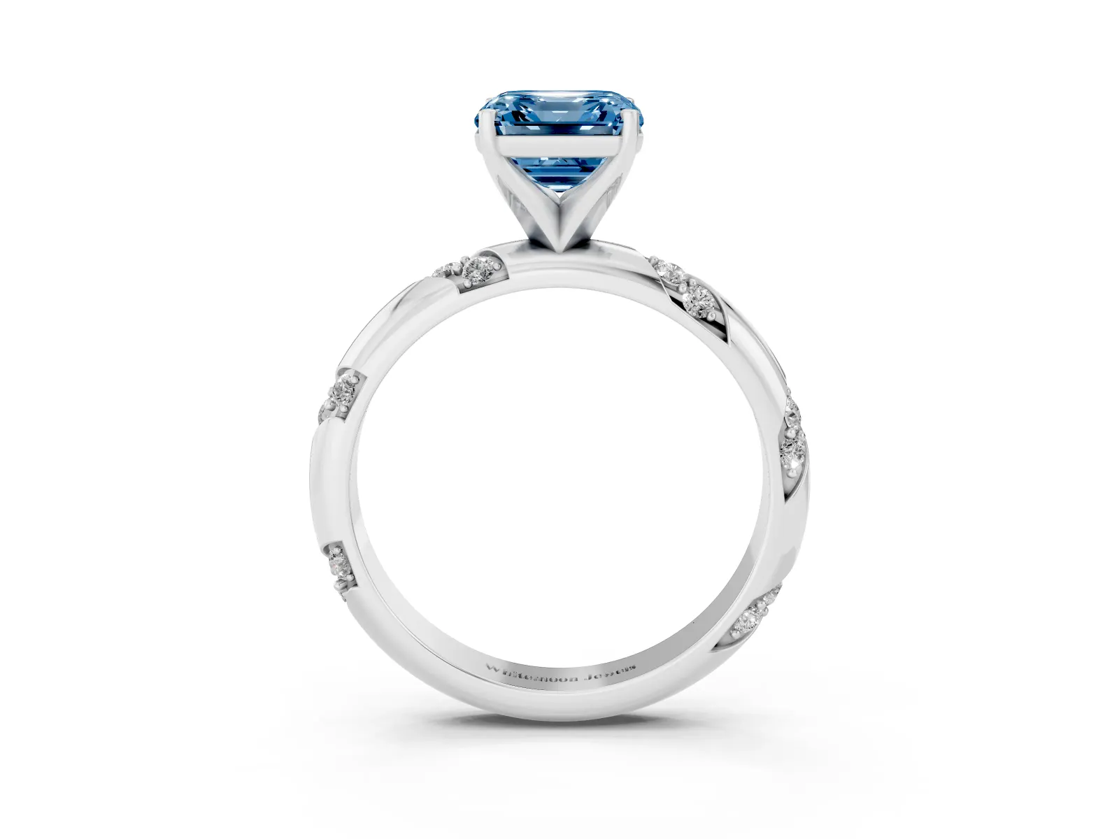 Fancy Blue Asscher Cut Diamond Solitaire Engagement Ring with Twisted Round Accent Band and Prong Setting Platinum
