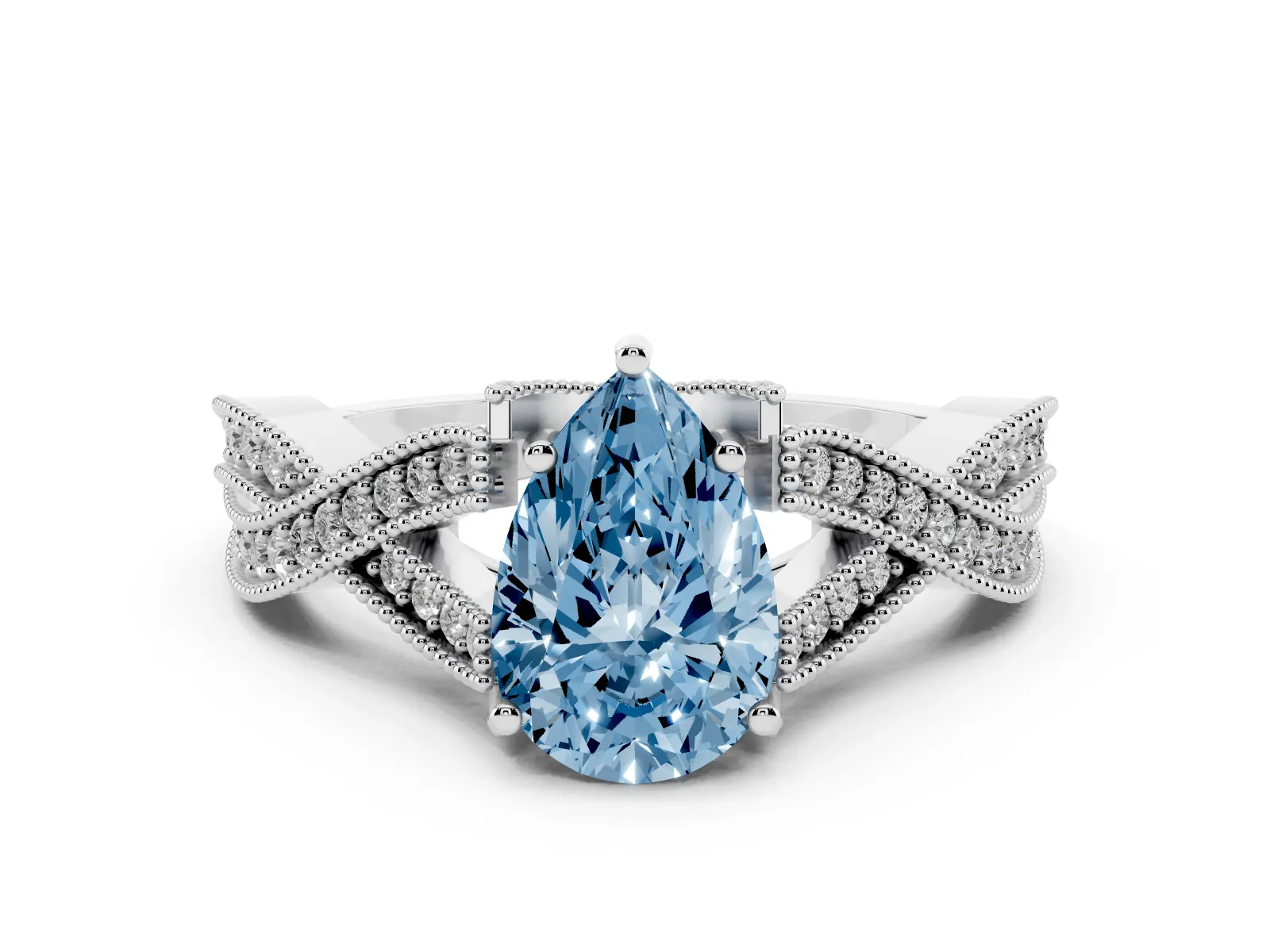 Fancy Blue Pear Cut Cut Diamond Twisted Band with Milgrain Pave Setting and Four-Prong Setting Platinum