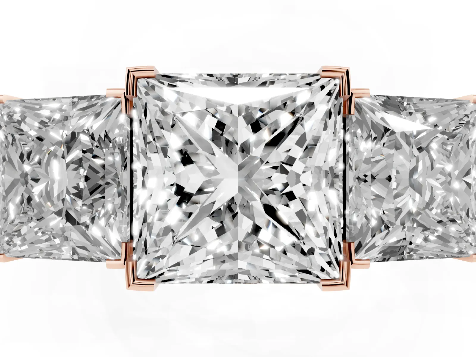 Three-Stone Princess Cut Cut Diamond Ring with Channel Set Band and Four-Prong Setting Rose gold