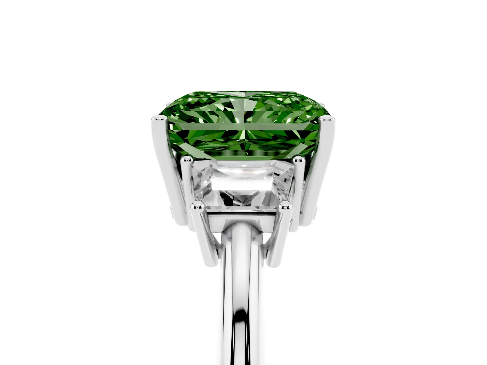 Fancy Green Radiant Cut Diamond Three-Stone Ring with Trapezoid Side Stones and Prong Setting Platinum