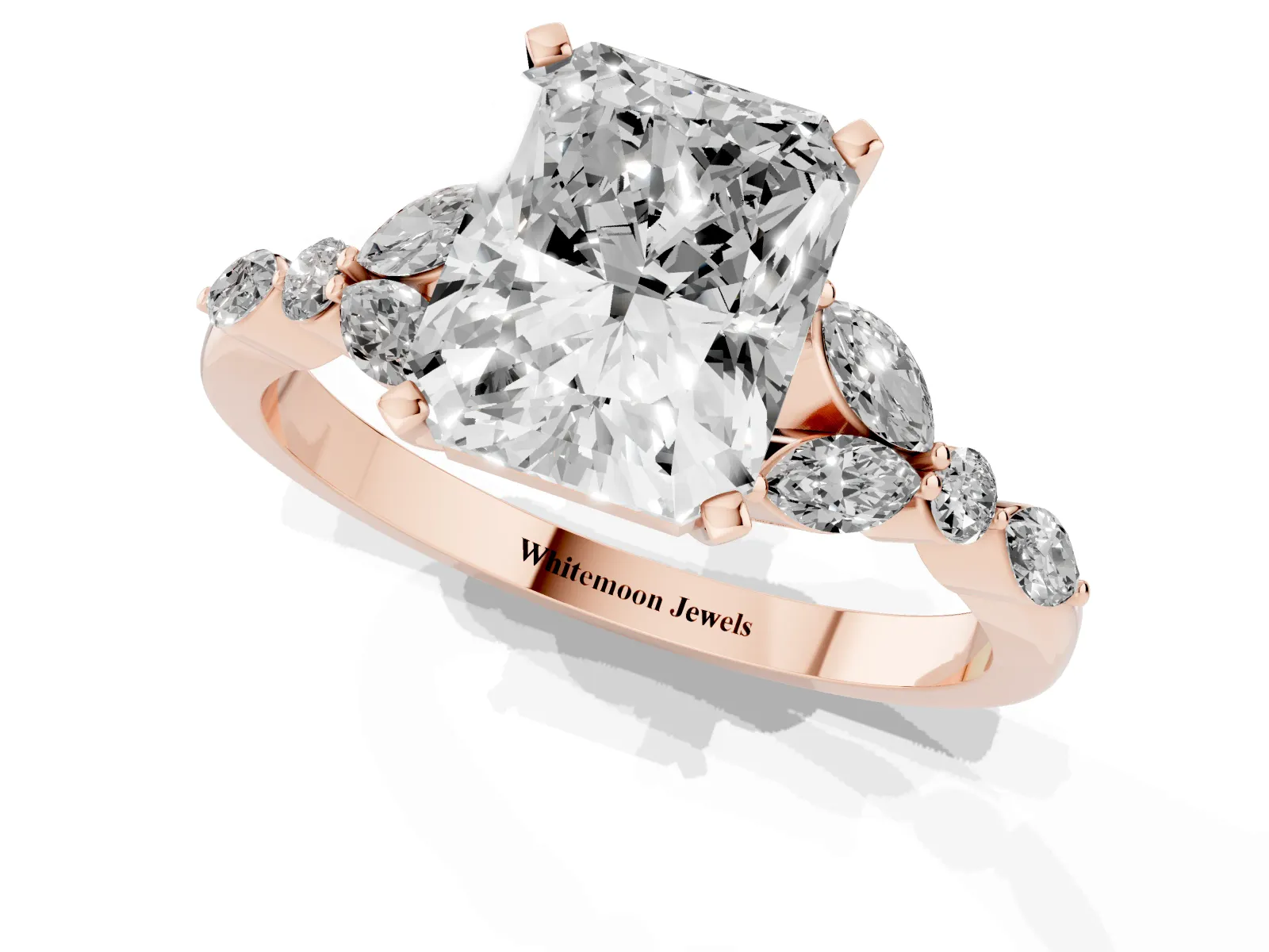 Radiant Cut Diamond Solitaire Ring with Side Stones and Four-Prong Setting Rose gold