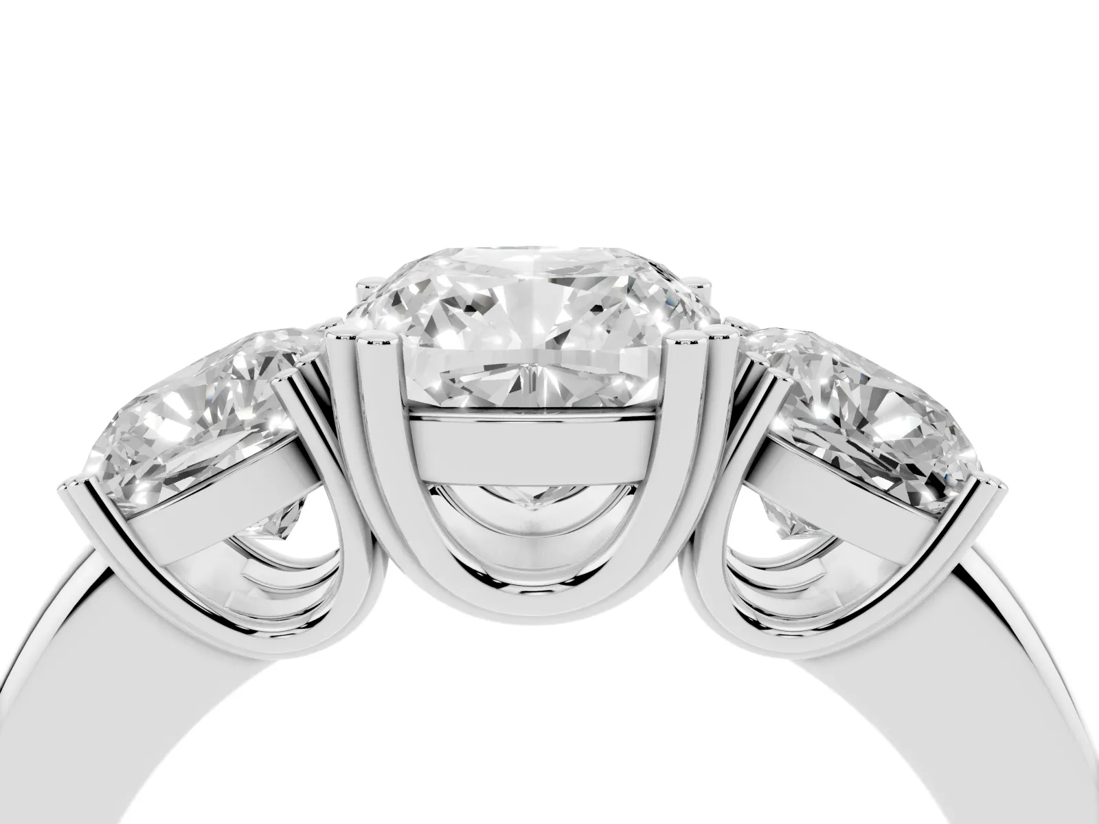 Three-Stone Cushion Cut Cut Diamond Ring with Channel Set Band and Four-Prong Setting White gold