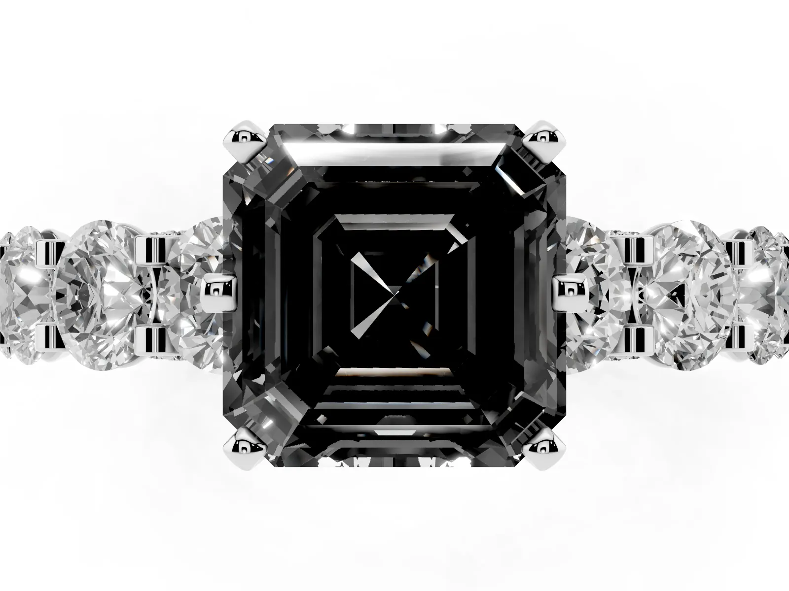 Fancy Black Asscher Cut Diamond Side Stone Engagement Ring with Four-Prong Setting Platinum