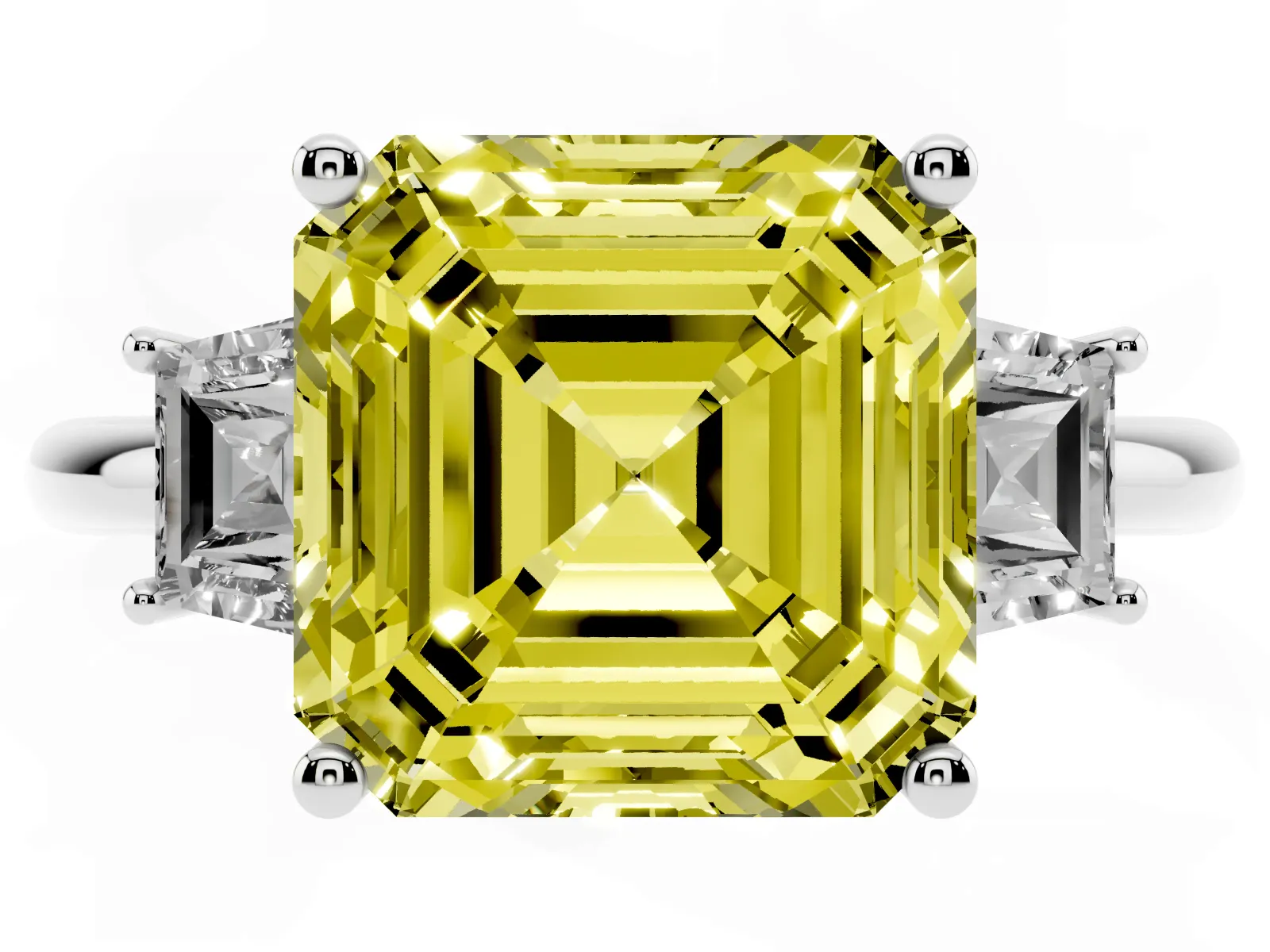 Fancy Yellow Asscher Cut Diamond Three-Stone Ring with Trapezoid Side Stones and Prong Setting White gold