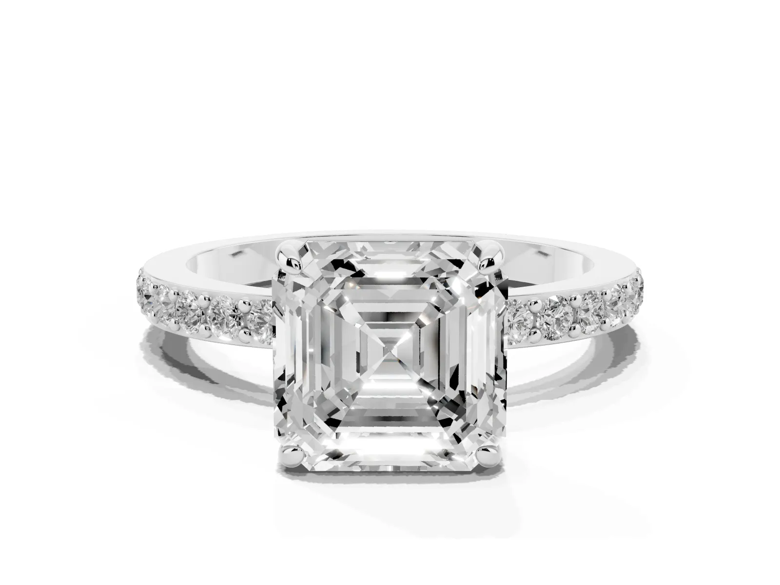 Asscher Cut Diamond Solitaire Engagement Ring with Pavé Band and Four-Prong Setting White gold