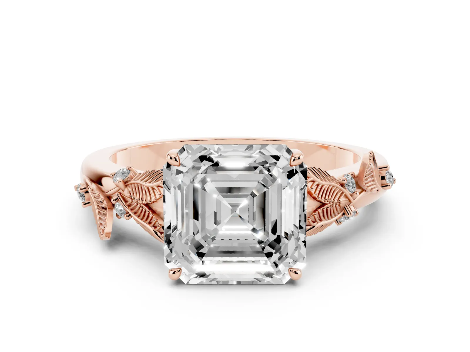 Asscher Cut Diamond Solitaire Ring with Leaf Motif Band and Four-Prong Setting Rose gold