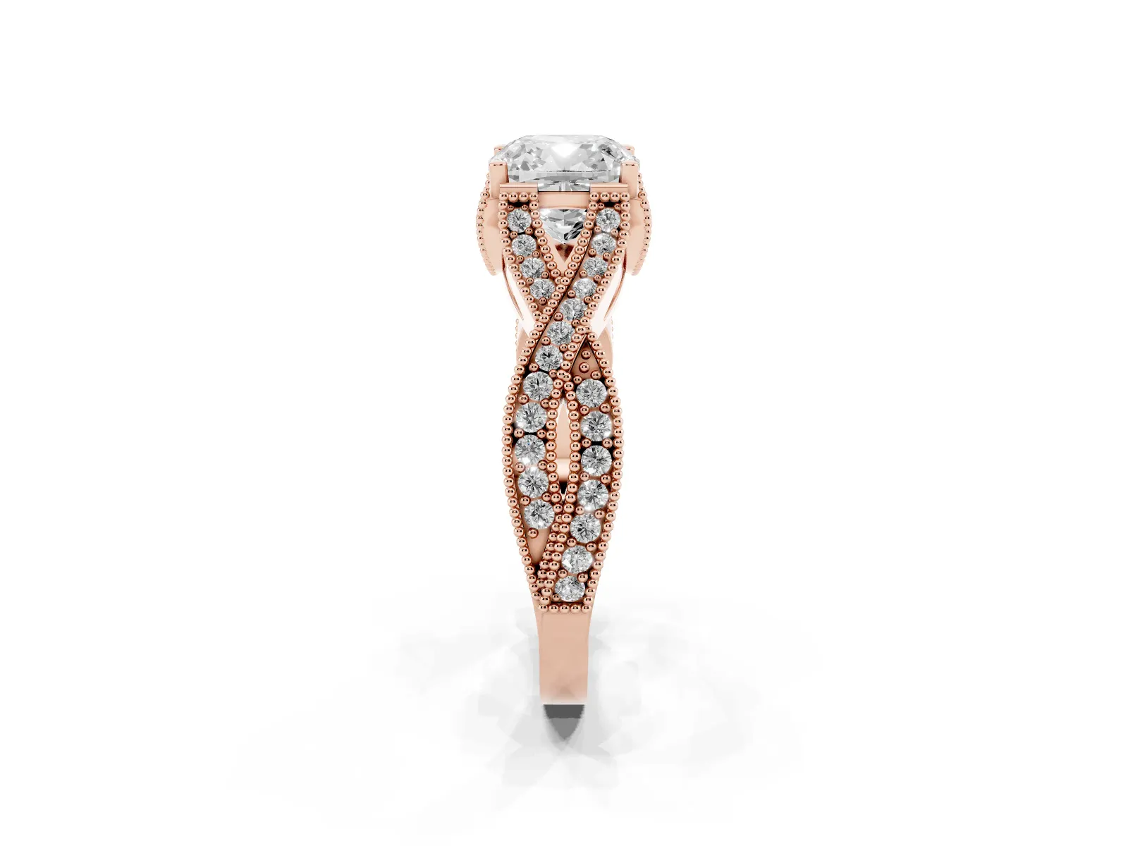 Cushion Cut Cut Diamond Twisted Band with Milgrain Pave Setting and Four-Prong Setting Rose gold