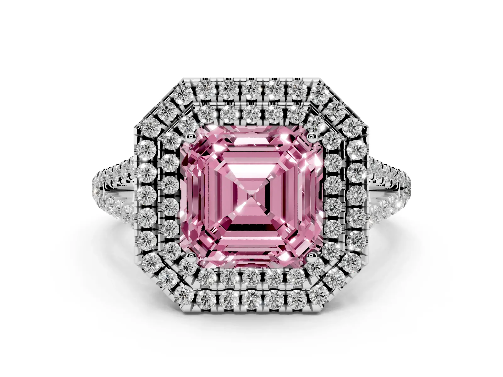 Fancy Pink Asscher Cut Diamond Double Halo Ring with Pavé Band and Prong Setting Platinum