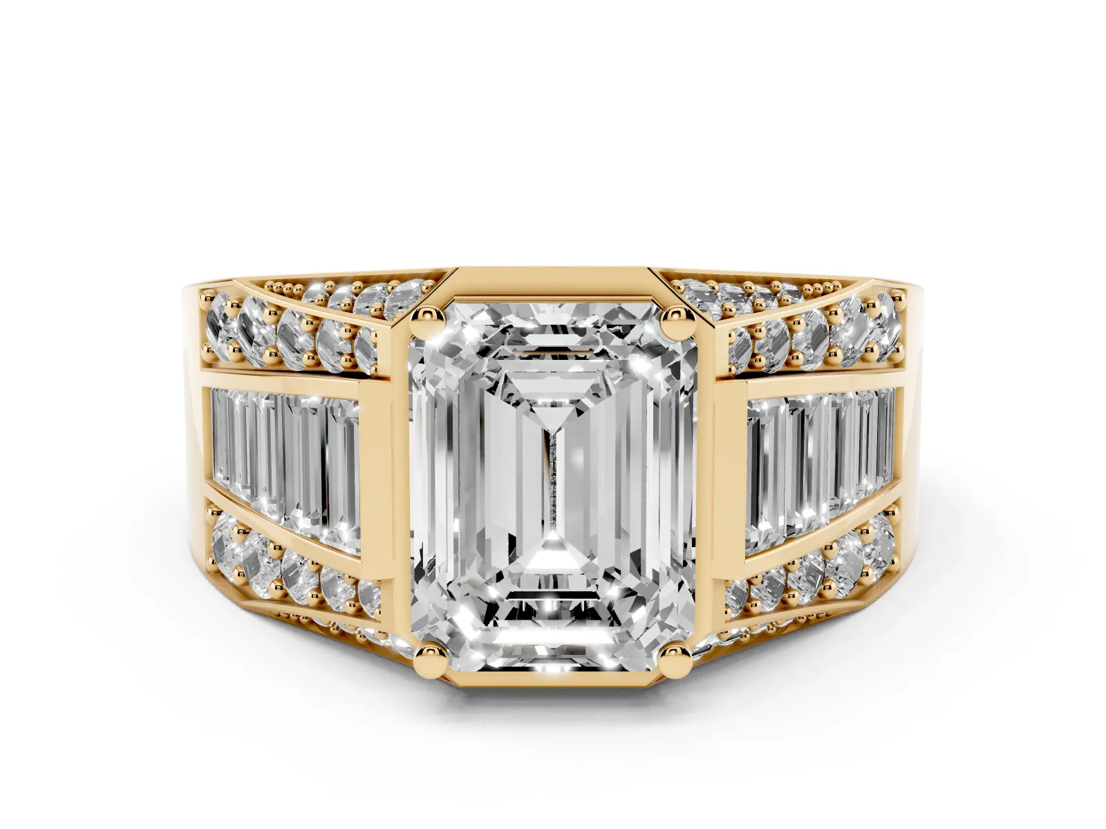 Emerald Cut Diamond Mens Ring with Baguette Side Stones Yellow gold