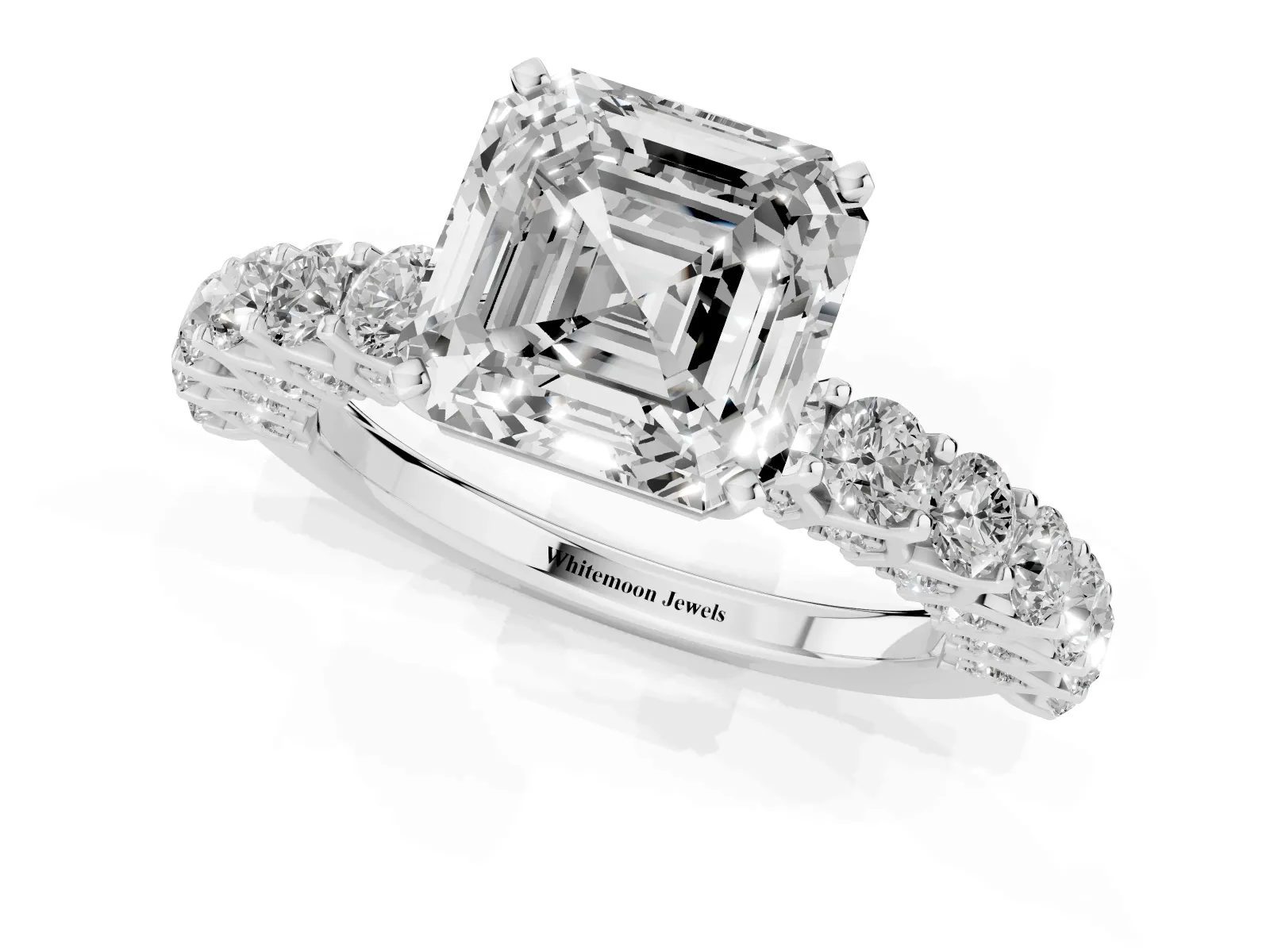 Asscher Cut Diamond Solitaire Ring with Shared Prong Pavé Band and Four-Prong Setting White gold