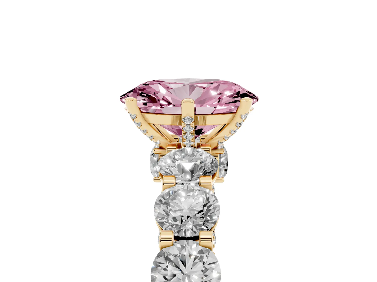 Fancy Pink Oval Cut Diamond Side Stone Engagement Ring with Four-Prong Setting Yellow gold