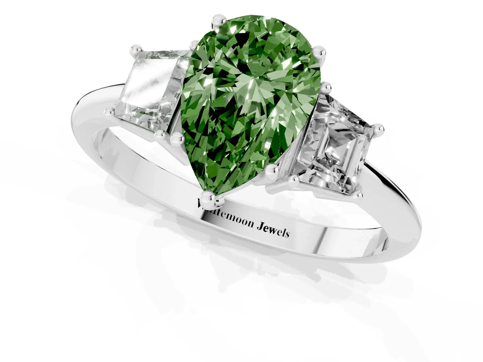 Fancy Green Pear Cut Diamond Three-Stone Ring with Trapezoid Side Stones and Prong Setting Platinum