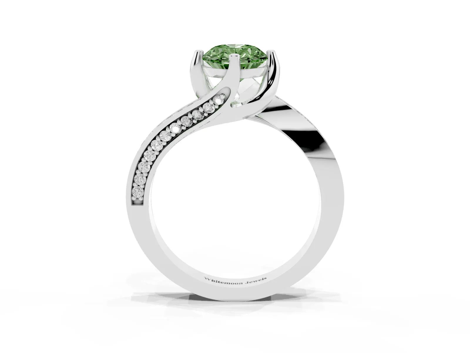 Fancy Green Oval Cut Solitaire Diamond Twist Band with Pavé Setting and Four-Prong Setting Platinum