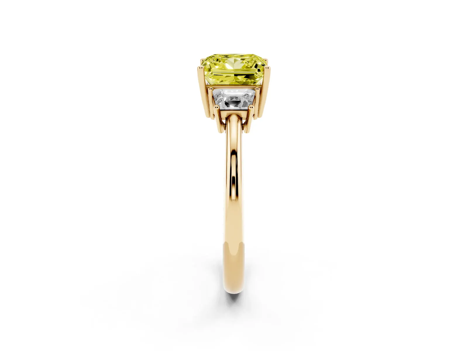 Fancy Yellow Princess Cut Diamond Three-Stone Ring with Trapezoid Side Stones and Prong Setting Yellow gold