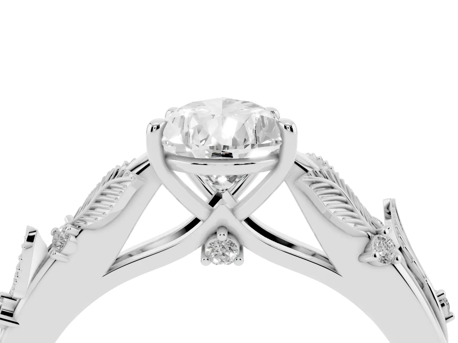 Pear Cut Diamond Solitaire Ring with Leaf Motif Band and Four-Prong Setting Platinum