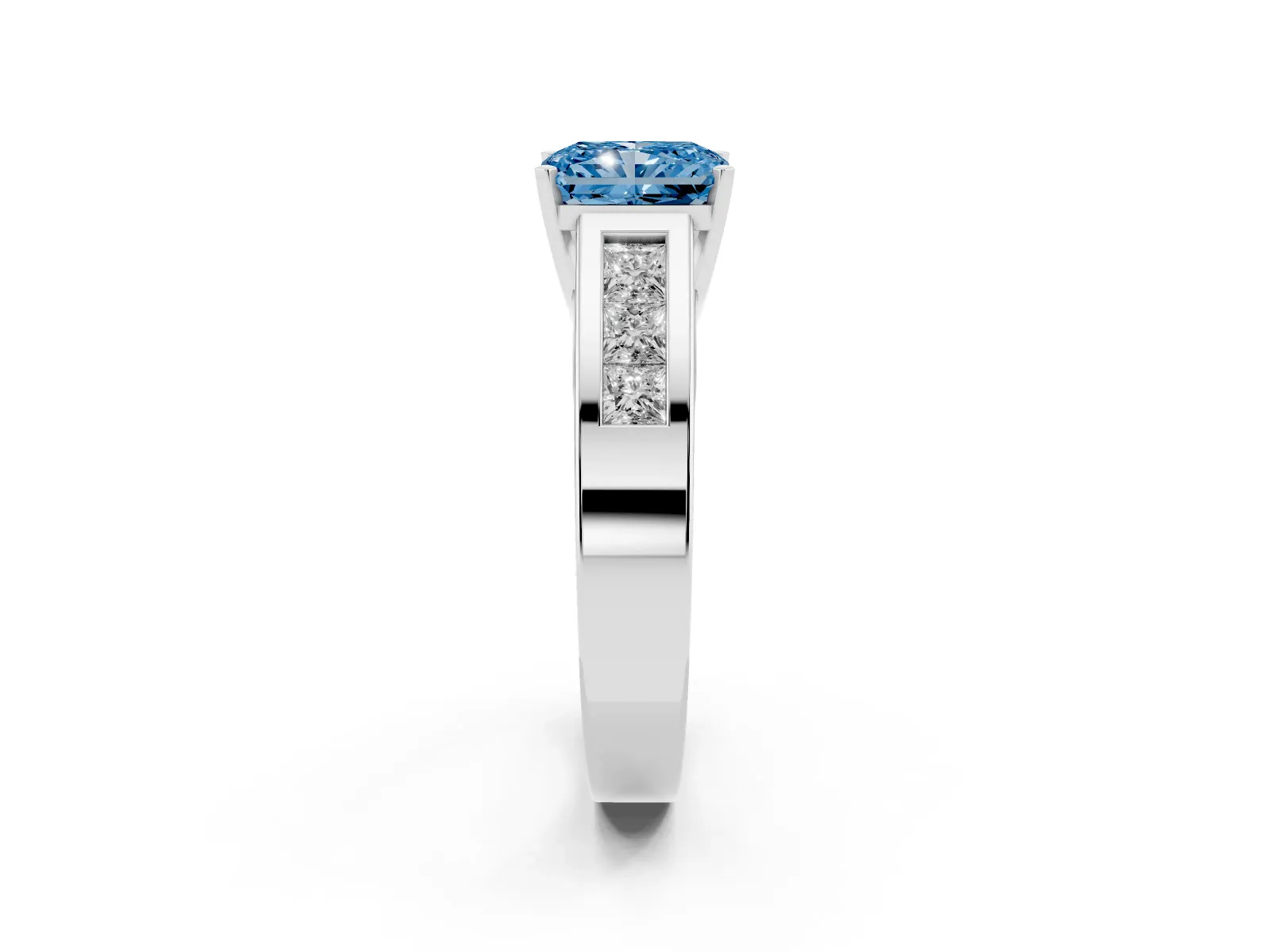 Fancy Blue Radiant Cut Cut Channel Set Solitaire Ring with Four-Prong Setting Platinum