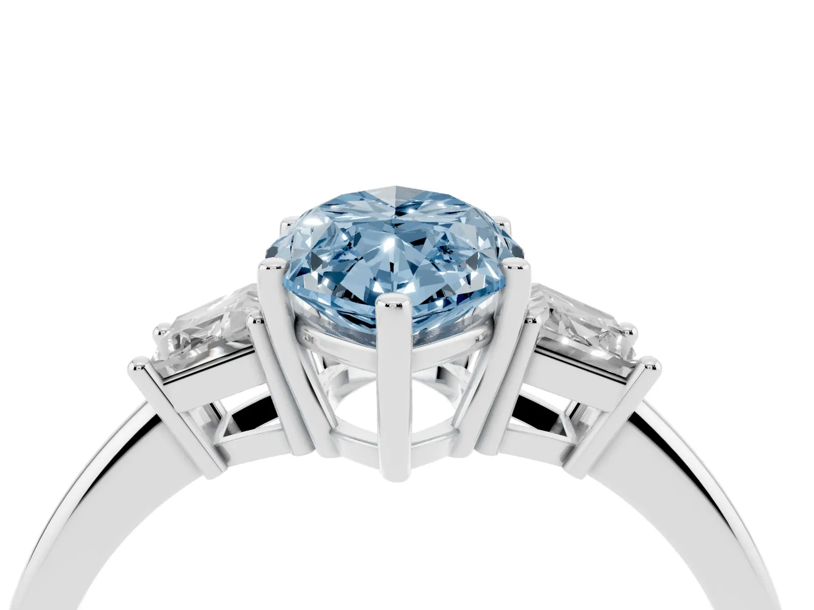 Fancy Blue Marquise Cut Diamond Three-Stone Ring with Trapezoid Side Stones and Prong Setting Platinum