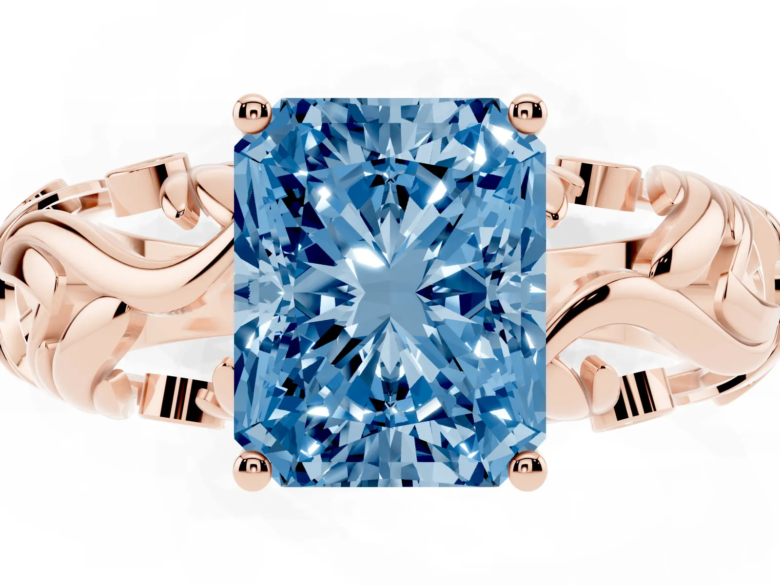 Fancy Blue Radiant Cut Solitaire Diamond Leaf-Inspired Vine Band Ring with Prong Setting Rose gold