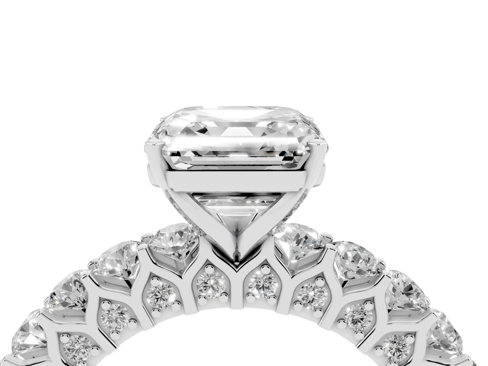 Asscher Cut Diamond Solitaire Ring with Shared Prong Pavé Band and Four-Prong Setting White gold