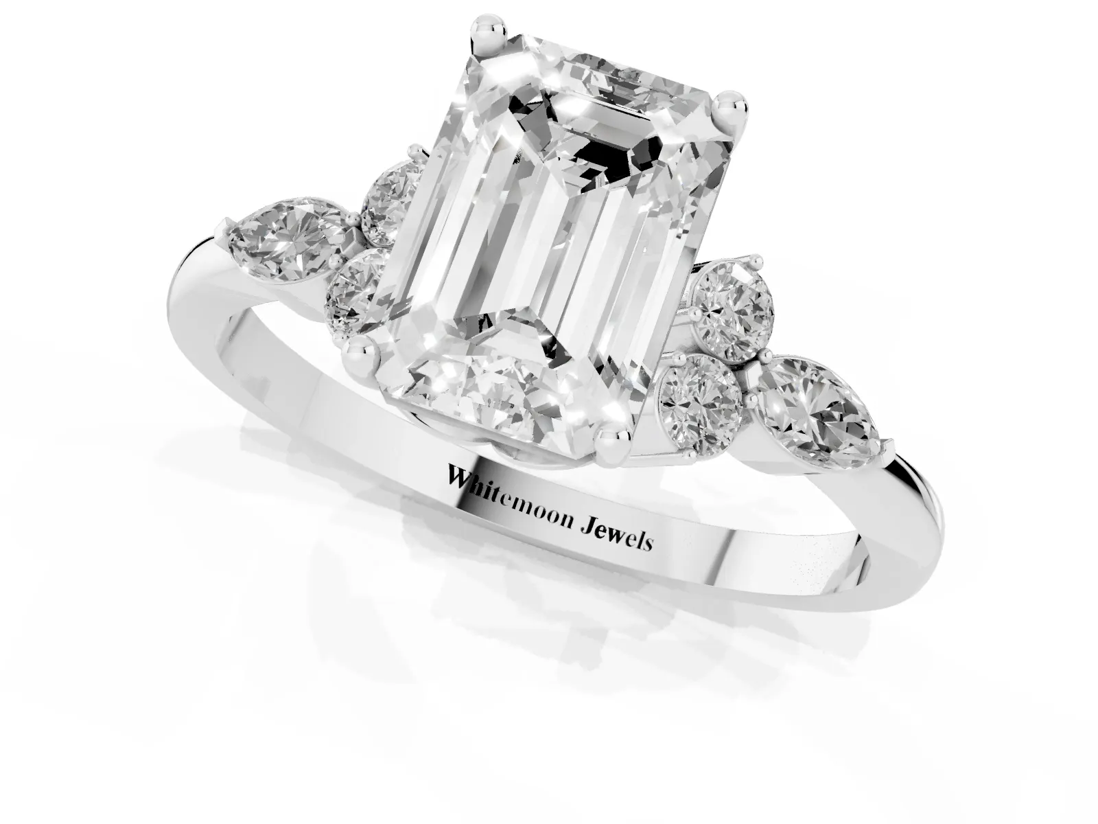 Emerald Cut Brilliant Diamond Solitaire Ring with Pear Side Stones and Four-Prong Setting Platinum