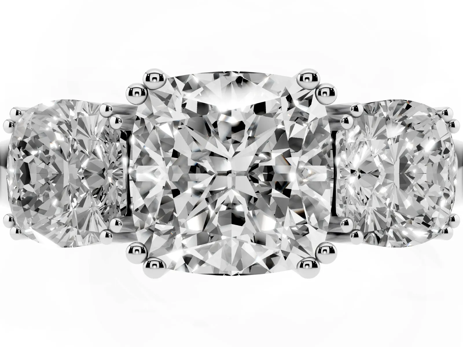 Three-Stone Cushion Cut Cut Diamond Ring with Channel Set Band and Four-Prong Setting White gold