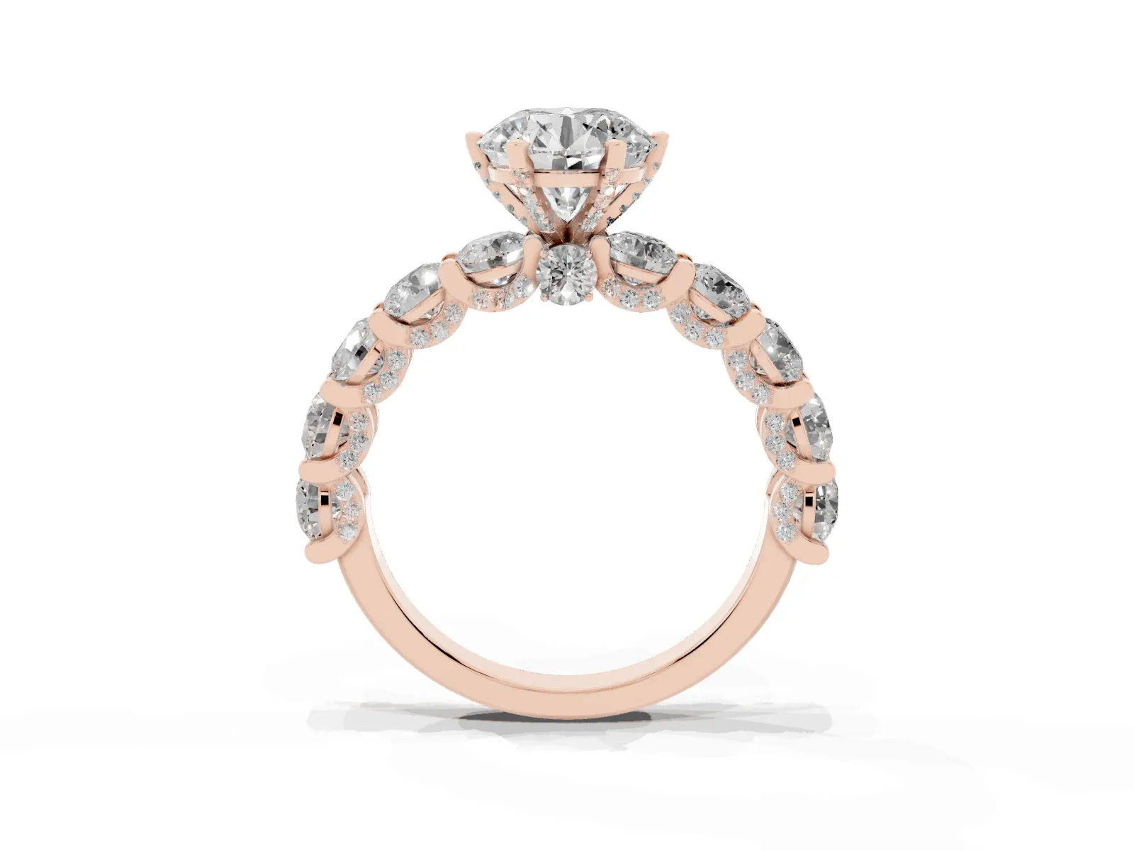 Round Cut Diamond Side Stone Engagement Ring with Four-Prong Setting Rose gold